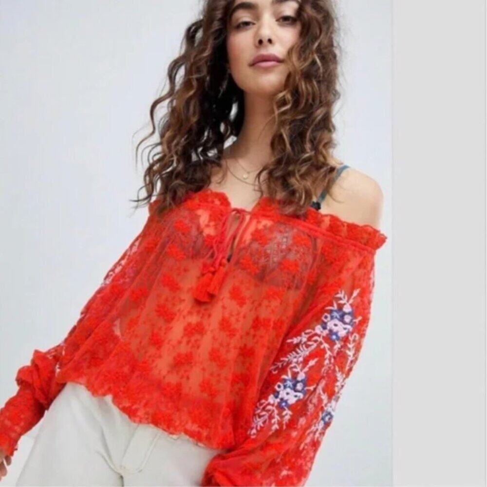 Free People Jubilee Embroidered Red Lace Blouse - Picture 3 of 9
